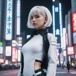 A cyberpunk style anime girl with short white hair, standing amidst the futuristic scenery of Tokyo.