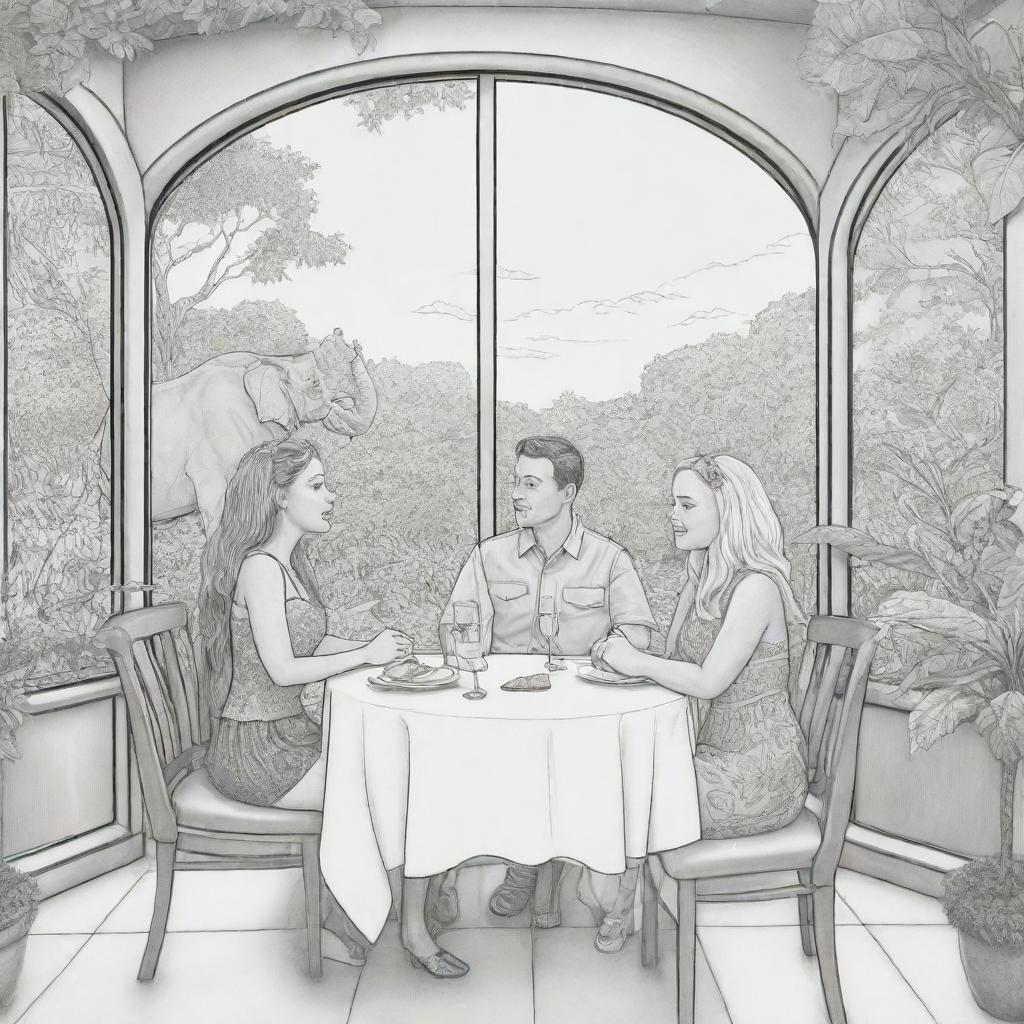 Two-dimensional, black and white cartoon-style colouring page of a Down syndrome Barbie fairy and her boyfriend in paradise, in a fancy restaurant decorated with leaves, looking out a large window at an elephant, giraffe, and lion outside.