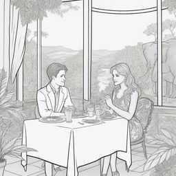 Two-dimensional, black and white cartoon-style colouring page of a Down syndrome Barbie fairy and her boyfriend in paradise, in a fancy restaurant decorated with leaves, looking out a large window at an elephant, giraffe, and lion outside.