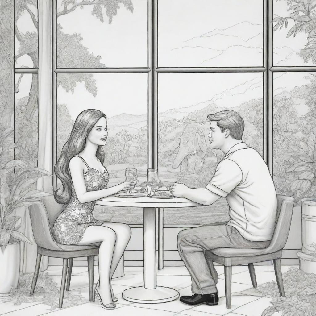 Two-dimensional, black and white cartoon-style colouring page of a Down syndrome Barbie fairy and her boyfriend in paradise, in a fancy restaurant decorated with leaves, looking out a large window at an elephant, giraffe, and lion outside.