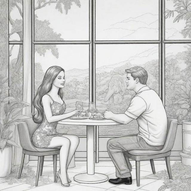 Two-dimensional, black and white cartoon-style colouring page of a Down syndrome Barbie fairy and her boyfriend in paradise, in a fancy restaurant decorated with leaves, looking out a large window at an elephant, giraffe, and lion outside.