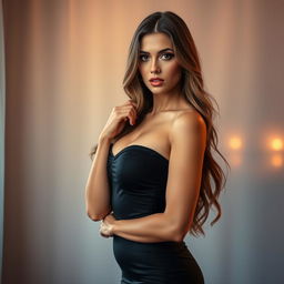 A confident and alluring portrait of a beautiful adult woman posing in an elegant yet seductive outfit, featuring a form-fitting dress that highlights her curves