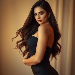 A confident and alluring portrait of a beautiful adult woman posing in an elegant yet seductive outfit, featuring a form-fitting dress that highlights her curves