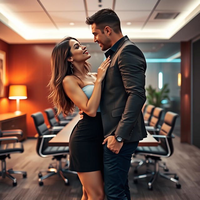 In a stylish and modern office meeting room, a captivating woman wearing a chic short skirt and bold red lipstick is playfully sharing an intimate moment with a handsome man