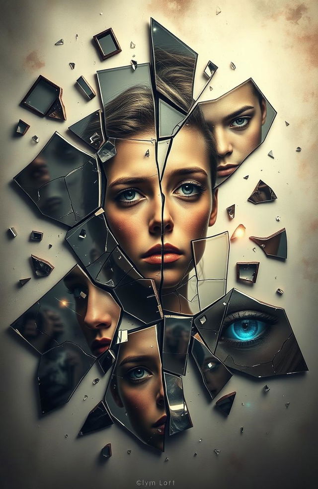 A visually striking artwork of fractured mirrors and glass shards, each reflecting different pieces of a face or figure