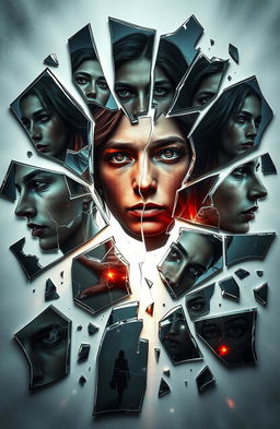 A visually striking artwork of fractured mirrors and glass shards, each reflecting different pieces of a face or figure