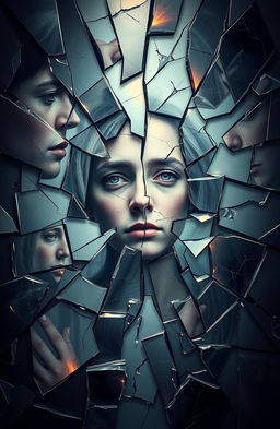 A visually striking artwork of fractured mirrors and glass shards, each reflecting different pieces of a face or figure