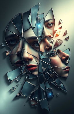 A visually striking artwork of fractured mirrors and glass shards, each reflecting different pieces of a face or figure