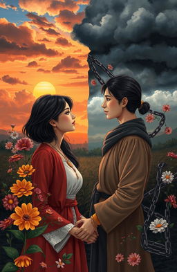 A thought-provoking image depicting the complexities of love, illustrating a couple in a deep conversation amidst a backdrop of contrasting elements reflecting both harmony and discord