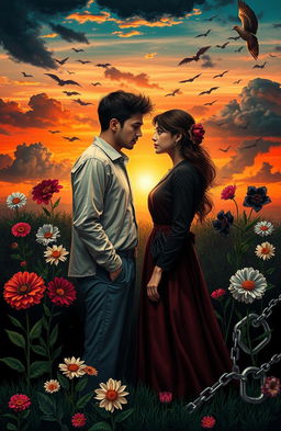 A thought-provoking image depicting the complexities of love, illustrating a couple in a deep conversation amidst a backdrop of contrasting elements reflecting both harmony and discord