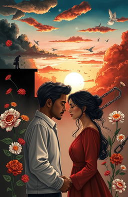 A thought-provoking image depicting the complexities of love, illustrating a couple in a deep conversation amidst a backdrop of contrasting elements reflecting both harmony and discord
