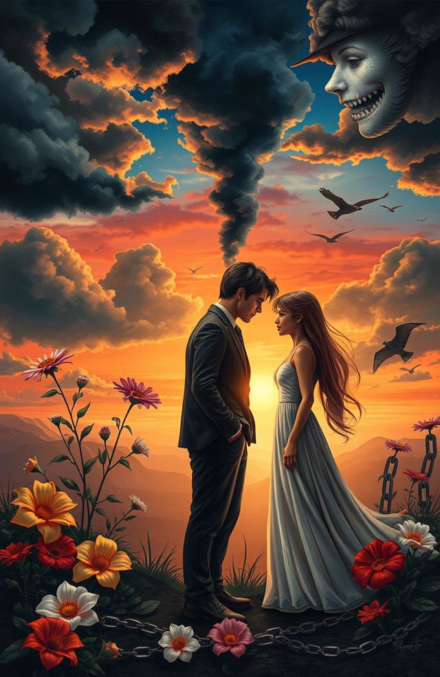 A thought-provoking image depicting the complexities of love, illustrating a couple in a deep conversation amidst a backdrop of contrasting elements reflecting both harmony and discord