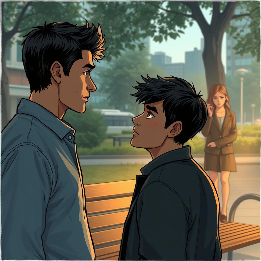 A visually rich narrative scene illustrating a poignant moment between two men who have fallen in love, placed in a contemporary urban setting