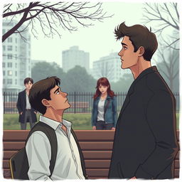 A visually rich narrative scene illustrating a poignant moment between two men who have fallen in love, placed in a contemporary urban setting