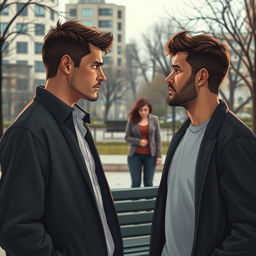 A visually rich narrative scene illustrating a poignant moment between two men who have fallen in love, placed in a contemporary urban setting