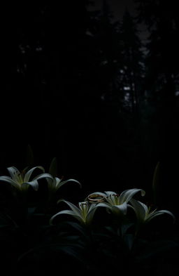 A moody and atmospheric scene set in the Pacific Northwest, featuring a dense forest filled with towering evergreens