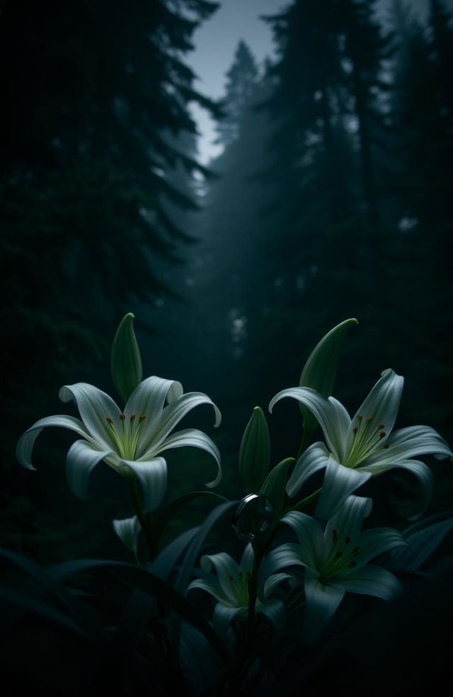 A moody and atmospheric scene set in the Pacific Northwest, featuring a dense forest filled with towering evergreens