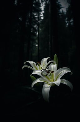 A moody and atmospheric scene set in the Pacific Northwest, featuring a dense forest filled with towering evergreens