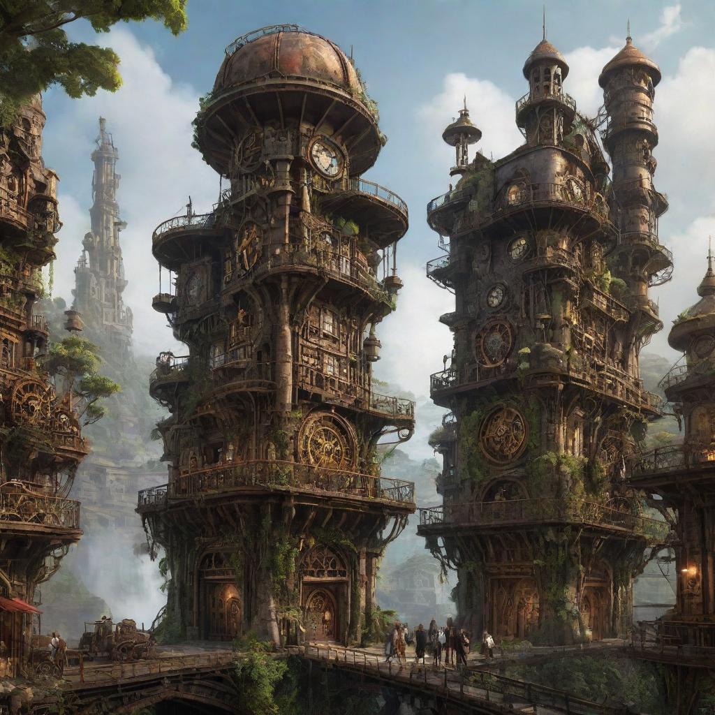 Imagine a majestic steampunk city journeying 30,000 years ahead in time, with its monumental structures consumed by forest, vines entwining rusty gears, and technological artefacts seamlessly integrated into the flourishing nature