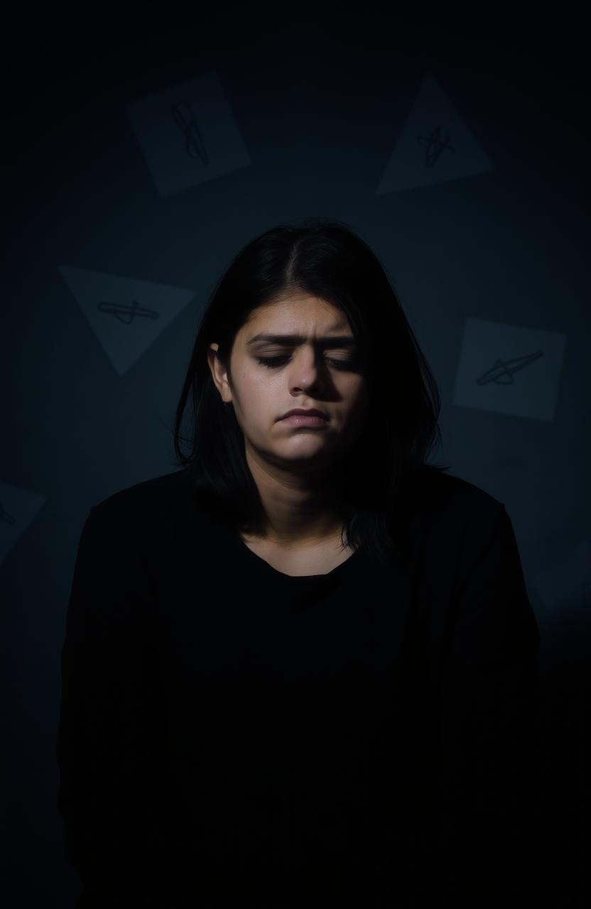 A somber portrait of a person sitting alone in a dimly lit room, their expression a mix of sadness and confusion