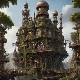 Imagine a majestic steampunk city journeying 30,000 years ahead in time, with its monumental structures consumed by forest, vines entwining rusty gears, and technological artefacts seamlessly integrated into the flourishing nature