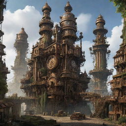 Imagine a majestic steampunk city journeying 30,000 years ahead in time, with its monumental structures consumed by forest, vines entwining rusty gears, and technological artefacts seamlessly integrated into the flourishing nature