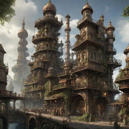 Imagine a majestic steampunk city journeying 30,000 years ahead in time, with its monumental structures consumed by forest, vines entwining rusty gears, and technological artefacts seamlessly integrated into the flourishing nature