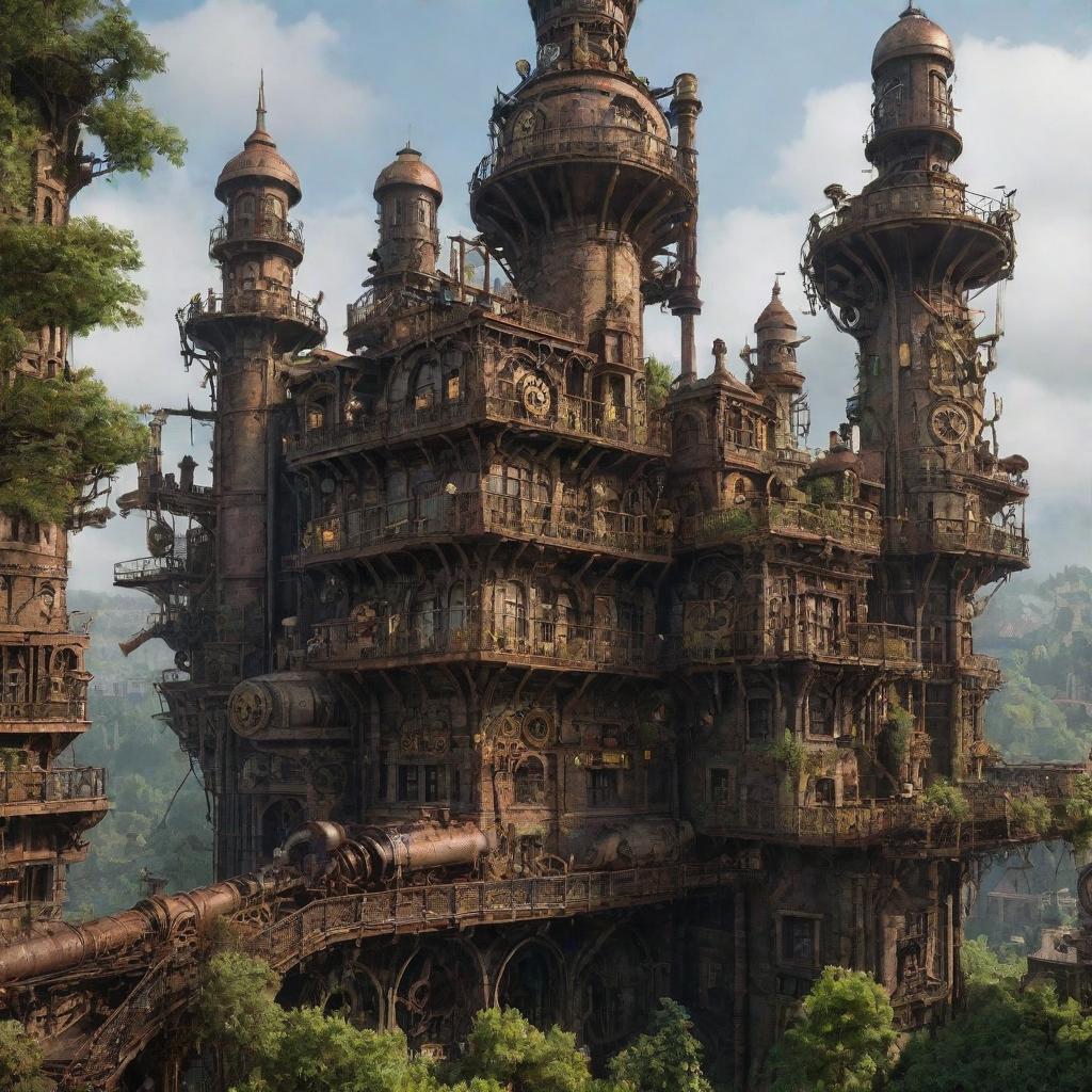 Envision a majestic steampunk city, 300,000 years into the future. The once grand structures now mere traces, intricately entwined with nature. Iconic rusted gears and steam engines are dwarfed by the lush forest thriving in their stead