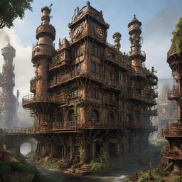 Envision a majestic steampunk city, 300,000 years into the future. The once grand structures now mere traces, intricately entwined with nature. Iconic rusted gears and steam engines are dwarfed by the lush forest thriving in their stead