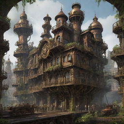 Envision a majestic steampunk city, 300,000 years into the future. The once grand structures now mere traces, intricately entwined with nature. Iconic rusted gears and steam engines are dwarfed by the lush forest thriving in their stead