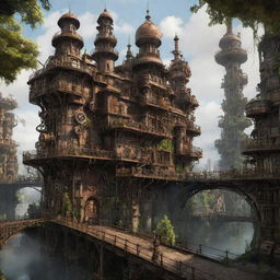 Envision a majestic steampunk city, 300,000 years into the future. The once grand structures now mere traces, intricately entwined with nature. Iconic rusted gears and steam engines are dwarfed by the lush forest thriving in their stead