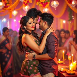 A festive and vibrant Diwali party scene filled with colorful decorations and lights