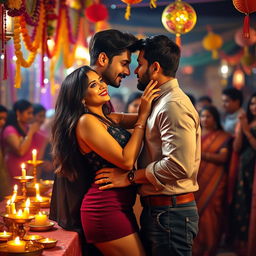 A festive and vibrant Diwali party scene filled with colorful decorations and lights