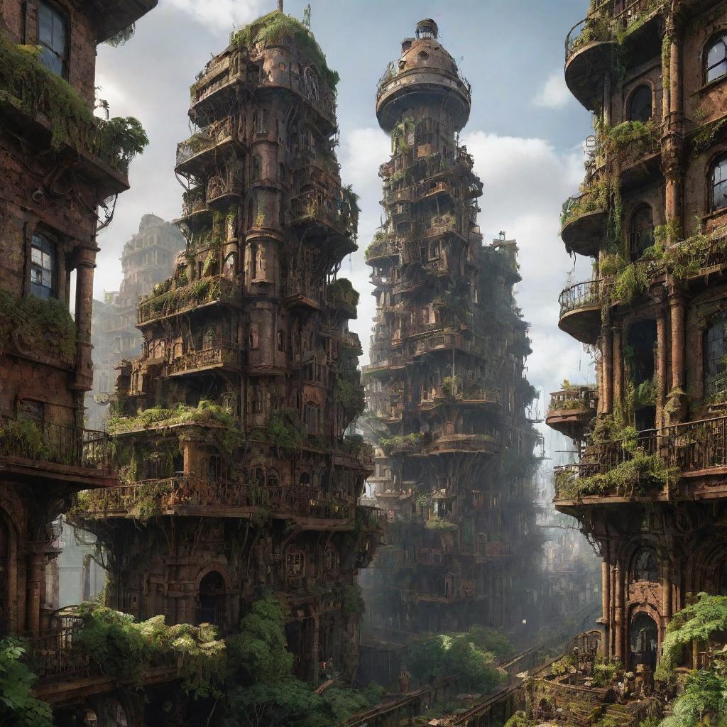 A majestic steampunk city, 300,000 years ahead, with lush nature thriving among the rusty ruins. The once intricate buildings starting to collapse, giving way to a new ecosystem, creating a captivating blend of decay and growth