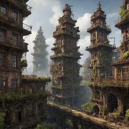 A majestic steampunk city, 300,000 years ahead, with lush nature thriving among the rusty ruins. The once intricate buildings starting to collapse, giving way to a new ecosystem, creating a captivating blend of decay and growth