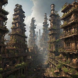 A majestic steampunk city, 300,000 years ahead, with lush nature thriving among the rusty ruins. The once intricate buildings starting to collapse, giving way to a new ecosystem, creating a captivating blend of decay and growth