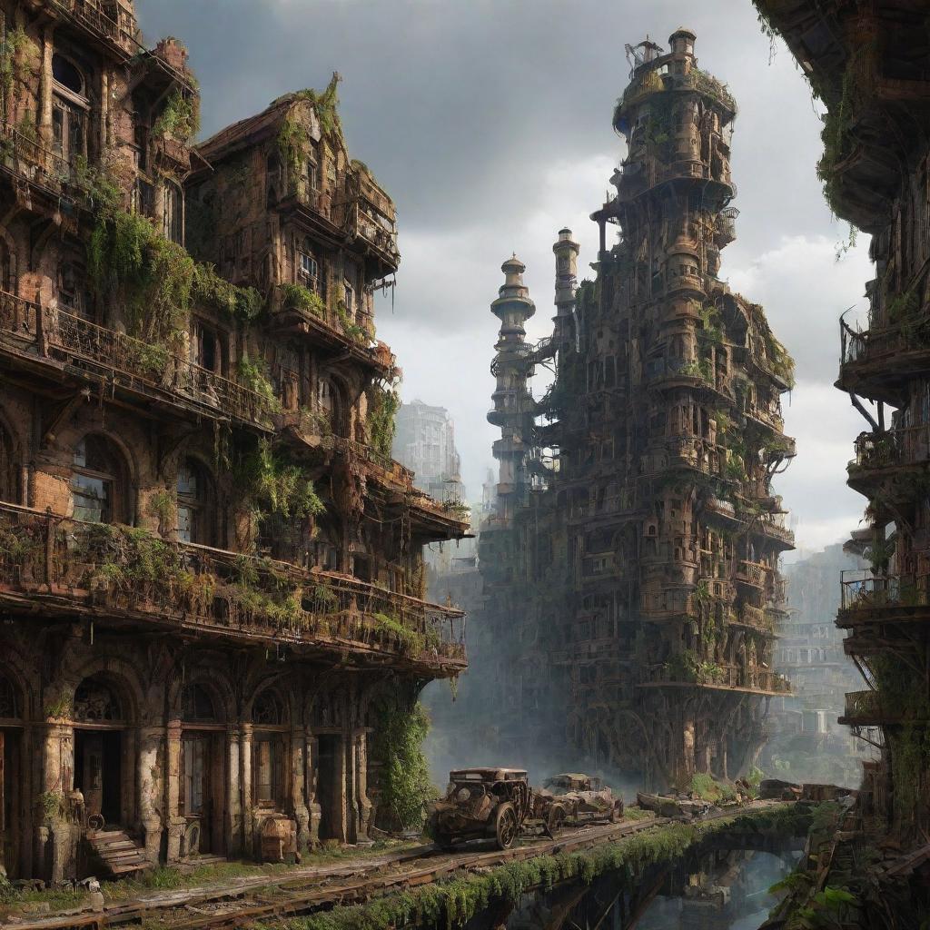 A majestic steampunk city, 300,000 years ahead, with lush nature thriving among the rusty ruins. The once intricate buildings starting to collapse, giving way to a new ecosystem, creating a captivating blend of decay and growth