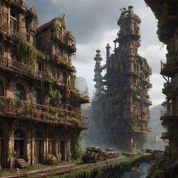 A majestic steampunk city, 300,000 years ahead, with lush nature thriving among the rusty ruins. The once intricate buildings starting to collapse, giving way to a new ecosystem, creating a captivating blend of decay and growth