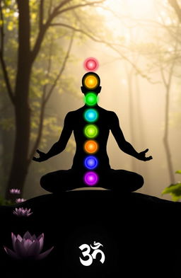 A serene and mystical scene depicting the seven chakras being activated within a human silhouette