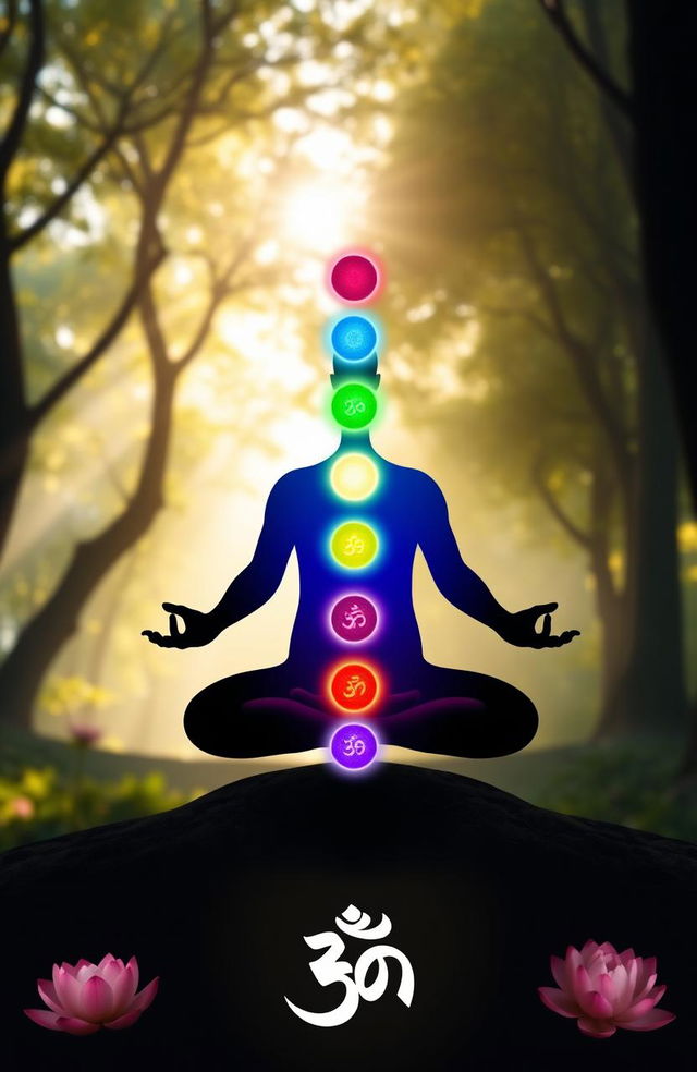 A serene and mystical scene depicting the seven chakras being activated within a human silhouette