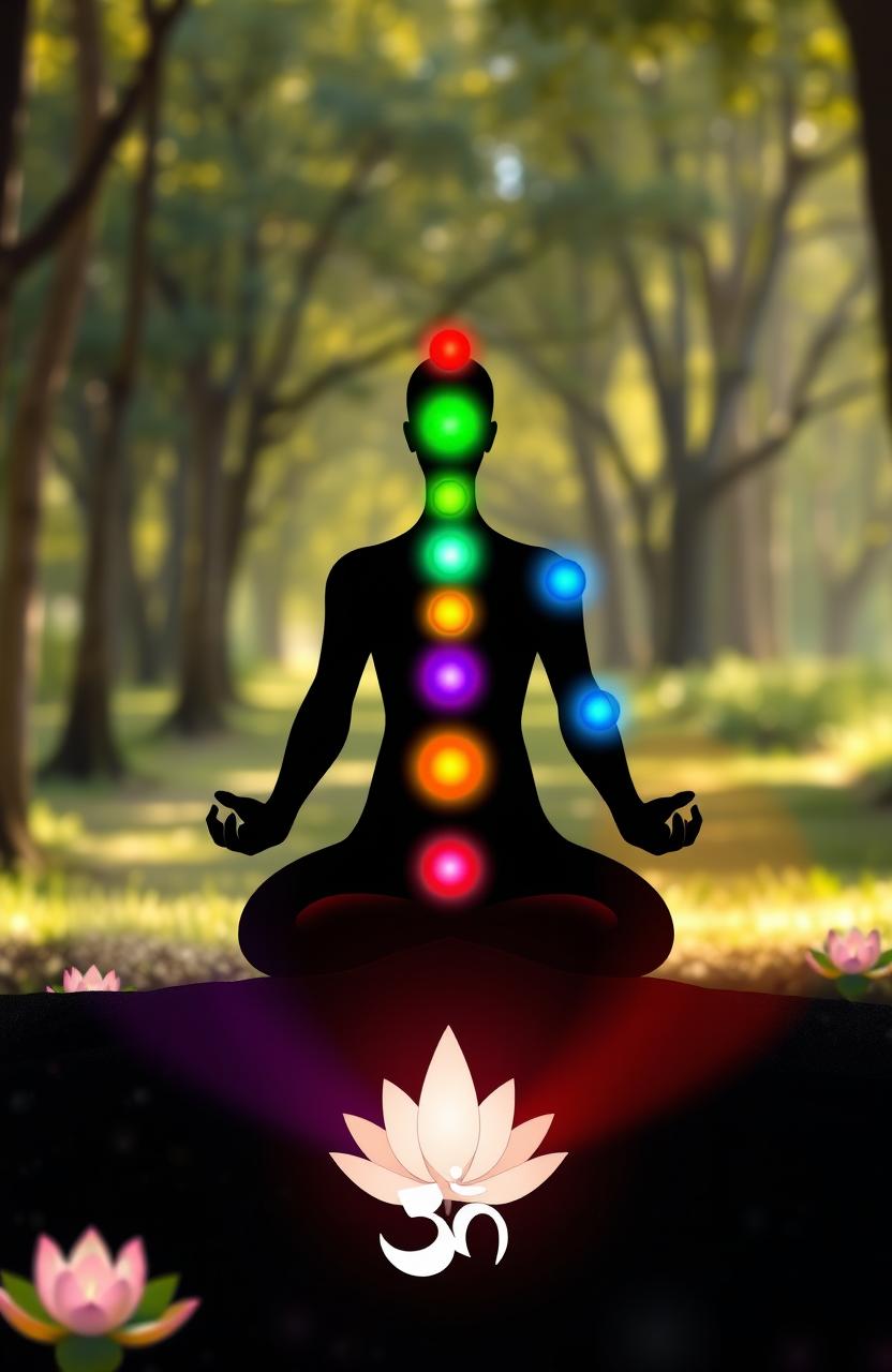 A serene and mystical scene depicting the seven chakras being activated within a human silhouette