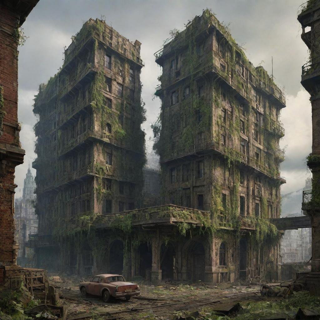 Imagine a majestic, dieselpunk city in ruins 300,000 years in the future, its buildings beginning to collapse under the relentless march of time, only the echoes of former glory and industry still visible among the emerging greenery.