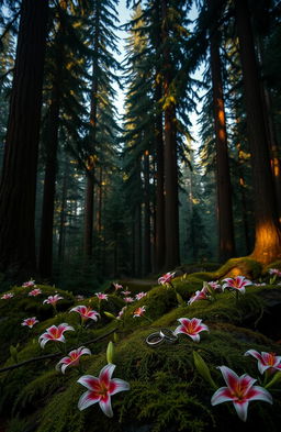 A scenic landscape featuring towering evergreen trees of the Pacific Northwest, softly illuminated by warm, moody lighting