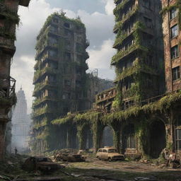 Imagine a majestic, dieselpunk city in ruins 300,000 years in the future, its buildings beginning to collapse under the relentless march of time, only the echoes of former glory and industry still visible among the emerging greenery.