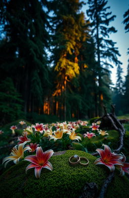 A scenic landscape featuring towering evergreen trees of the Pacific Northwest, softly illuminated by warm, moody lighting