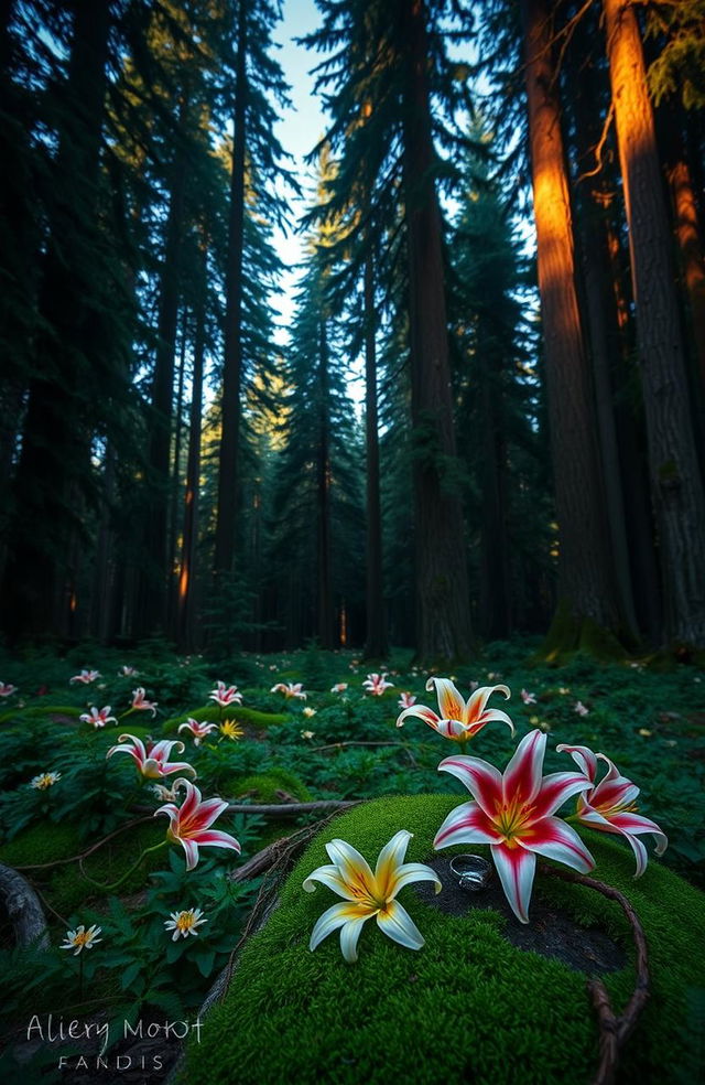 A scenic landscape featuring towering evergreen trees of the Pacific Northwest, softly illuminated by warm, moody lighting