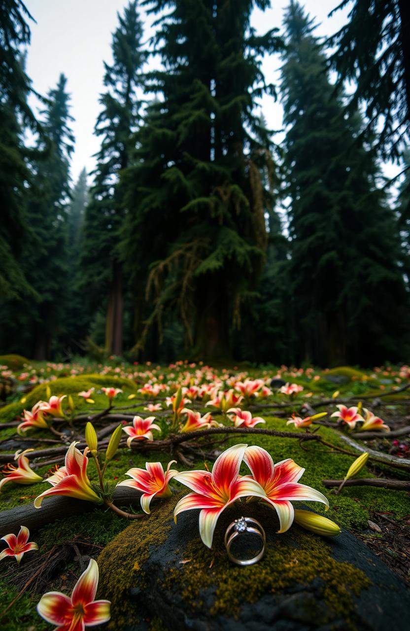 A scenic landscape featuring towering evergreen trees of the Pacific Northwest, softly illuminated by warm, moody lighting