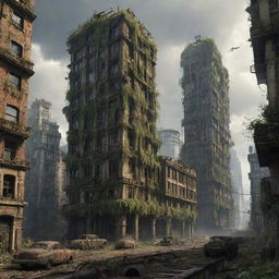 Imagine a majestic, dieselpunk city in ruins 300,000 years in the future, its buildings beginning to collapse under the relentless march of time, only the echoes of former glory and industry still visible among the emerging greenery.