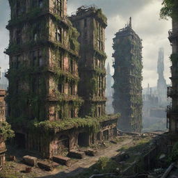 Imagine a majestic, dieselpunk city in ruins 300,000 years in the future, its buildings beginning to collapse under the relentless march of time, only the echoes of former glory and industry still visible among the emerging greenery.