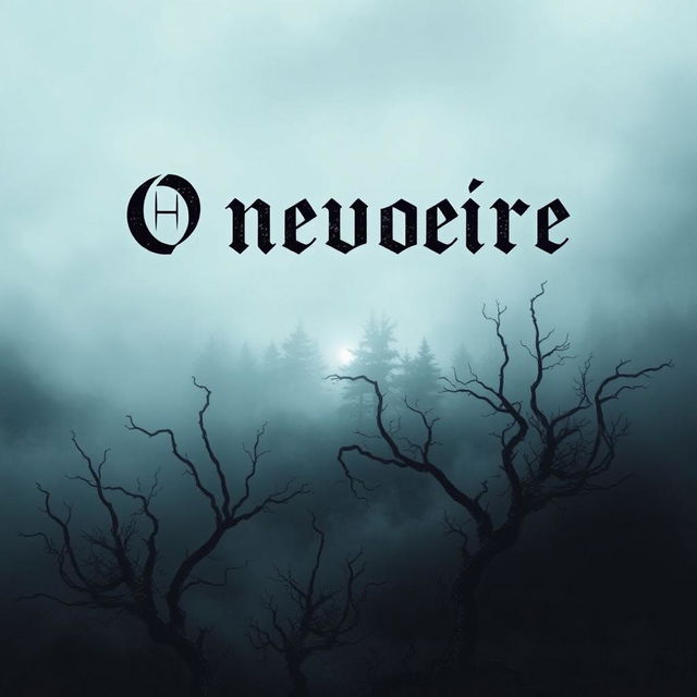 A spine-chilling and atmospheric book cover for 'O nevoeiro', depicting a thick, ominous fog that envelops a dark, mysterious forest landscape